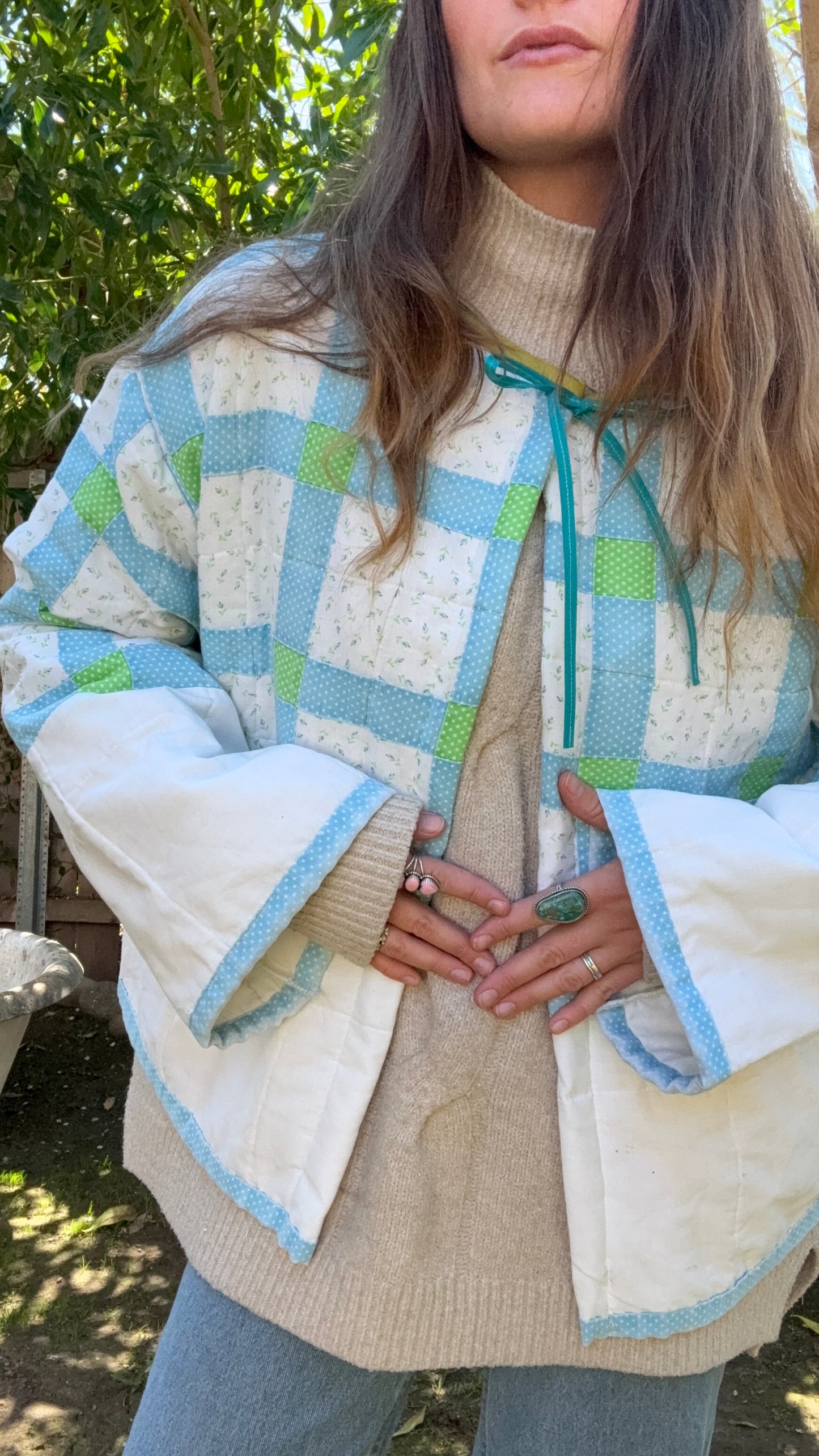 Cheryl’s quilted Cardigan( blue green white)
