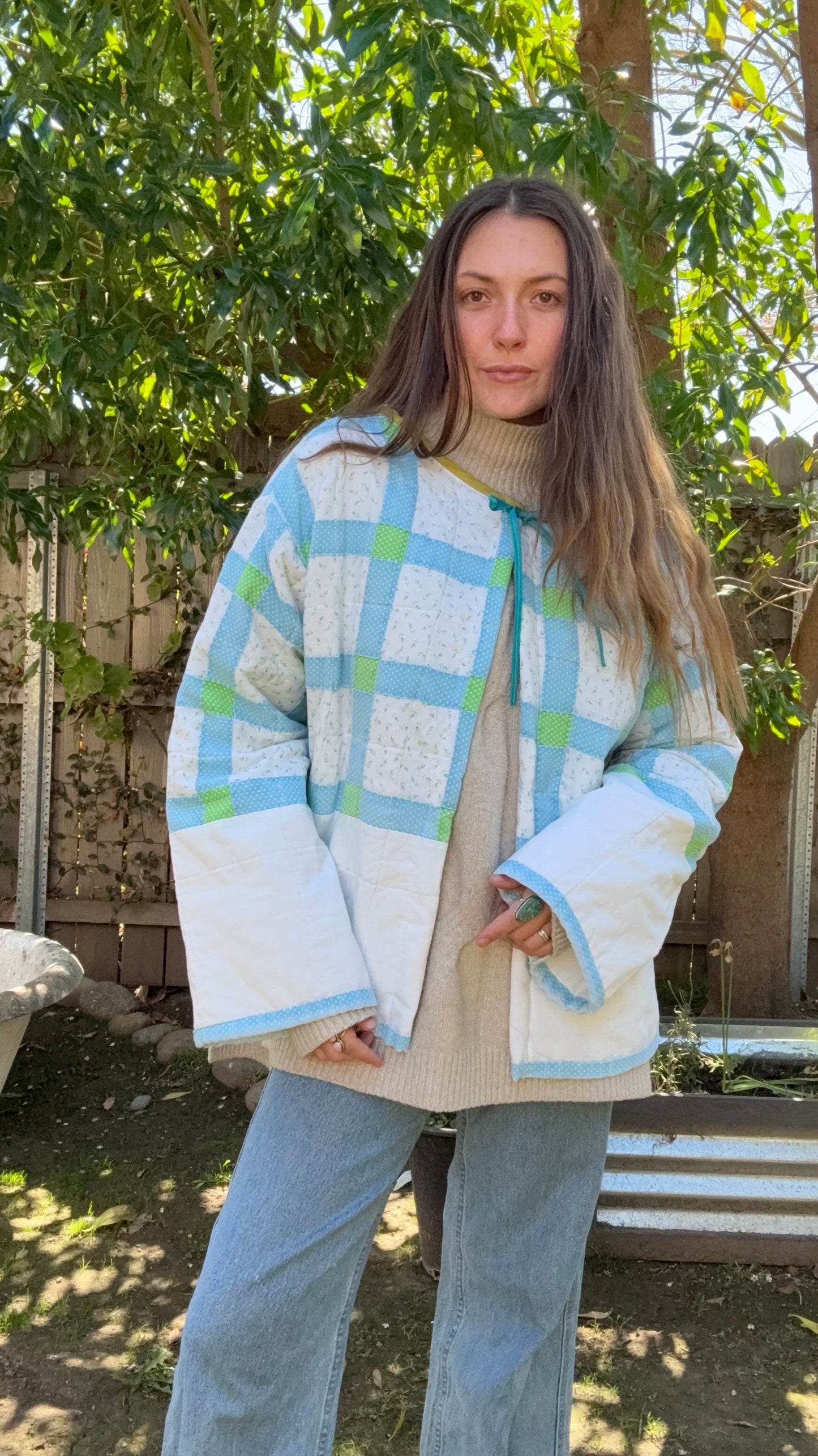 Cheryl’s quilted Cardigan( blue green white)