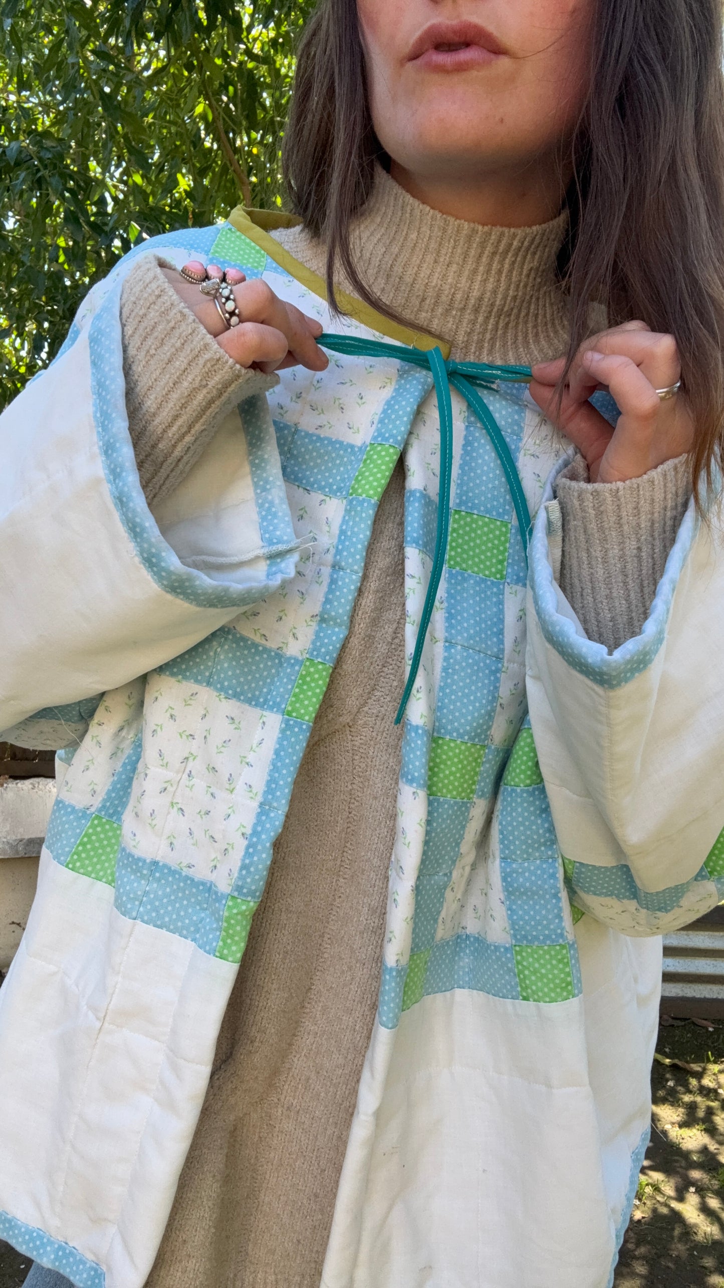 Cheryl’s quilted Cardigan( blue green white)