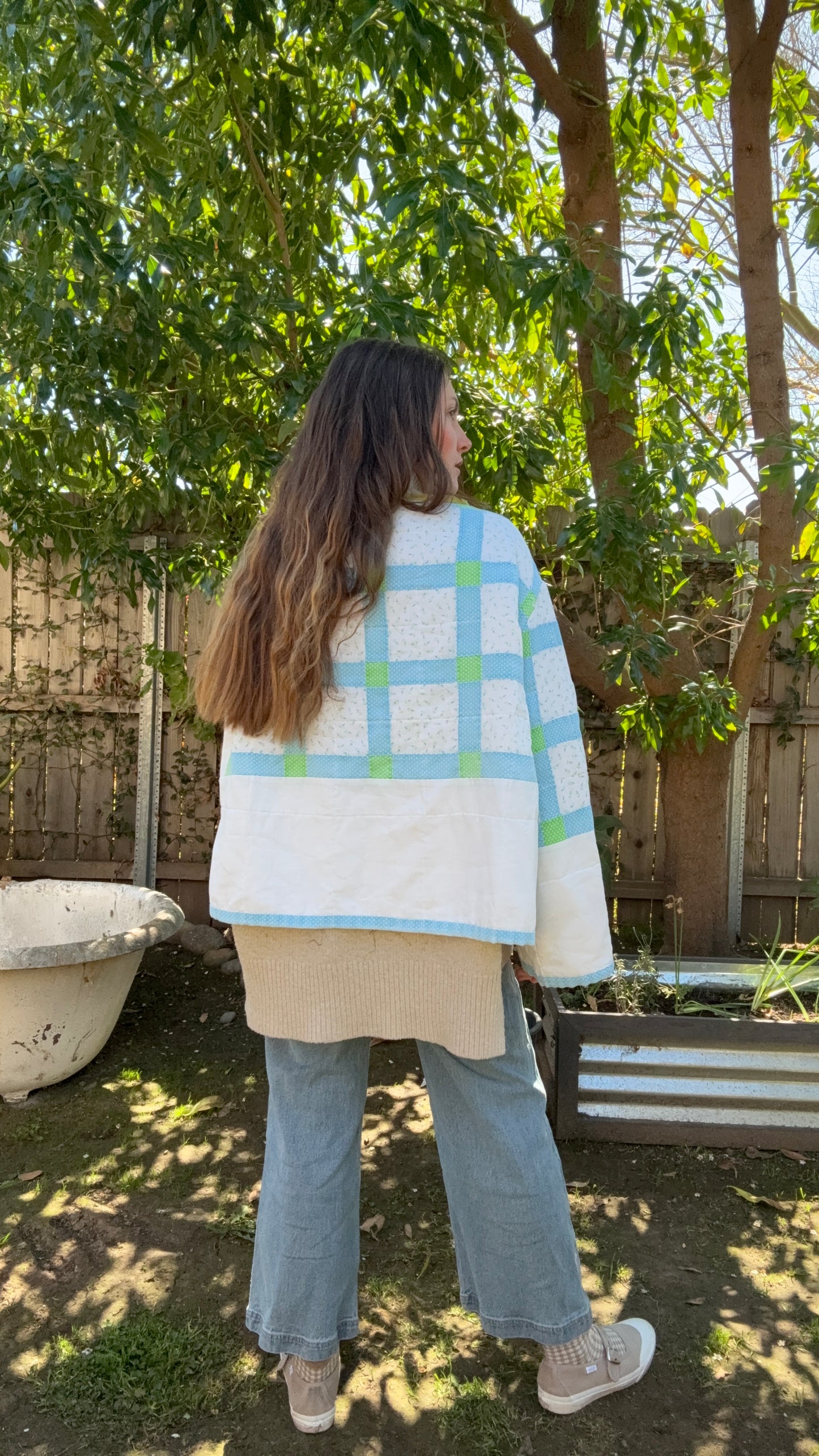 Cheryl’s quilted Cardigan( blue green white)