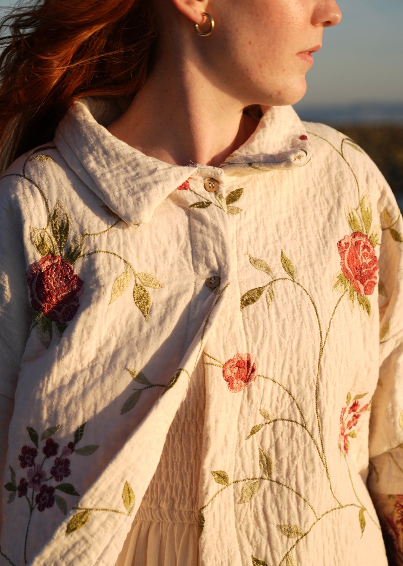 cream and roses quilted button down