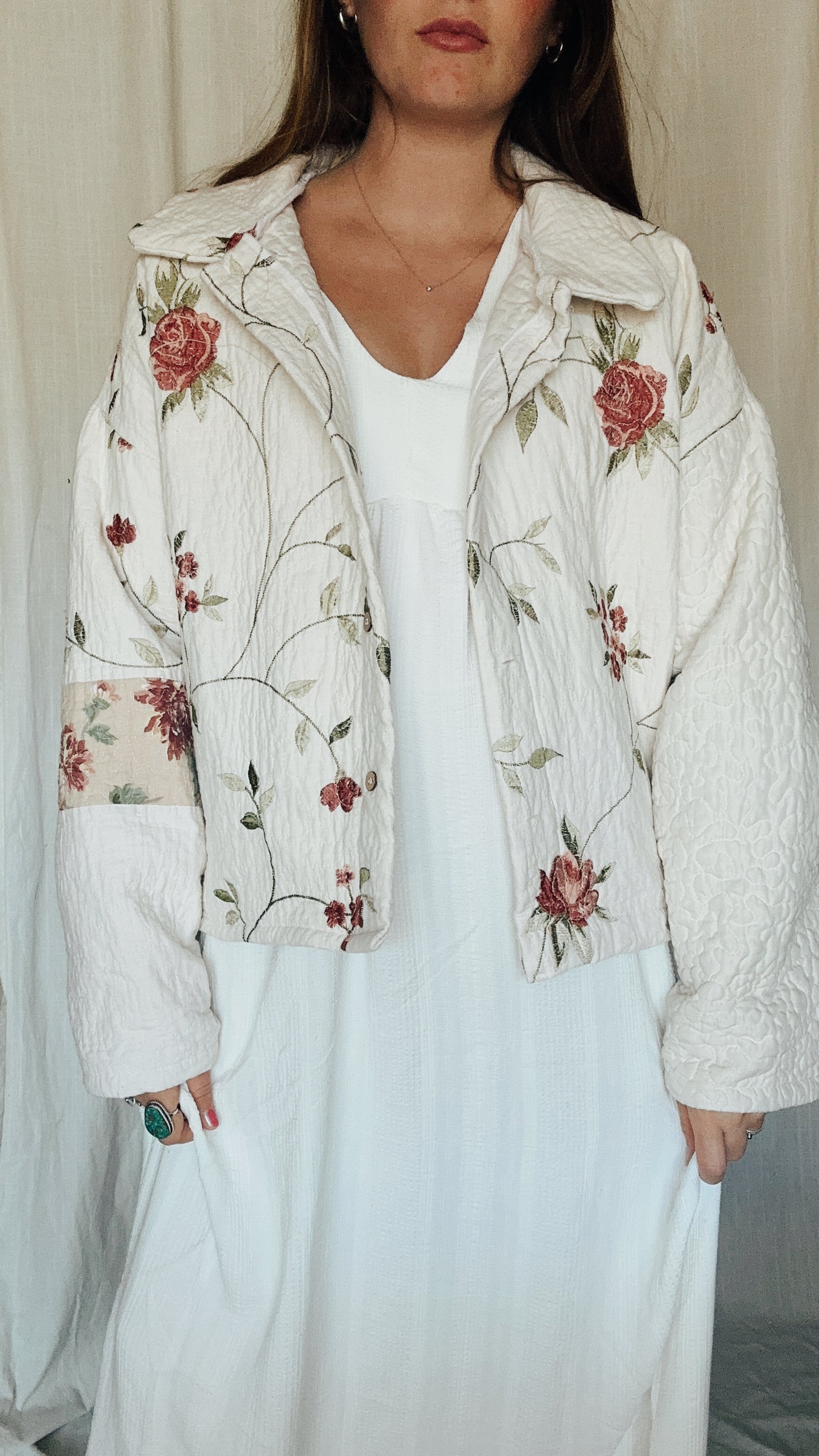 cream and roses quilted button down